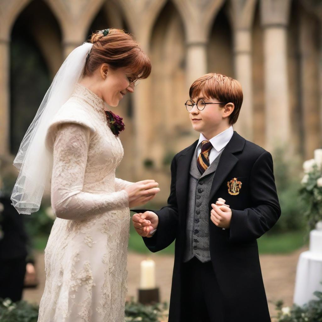 An image illustrating a muscular Harry Potter, holding his baby, exchanging wedding vows. Harry is wearing a fine wizard wedding suit, and the setting matches a magical wedding theme.