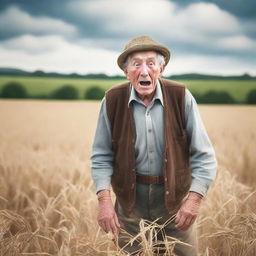 A shocked elderly farmer in the middle of a vast field