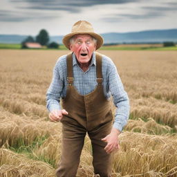 A shocked elderly farmer in the middle of a vast field