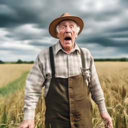 A shocked elderly farmer in the middle of a vast field