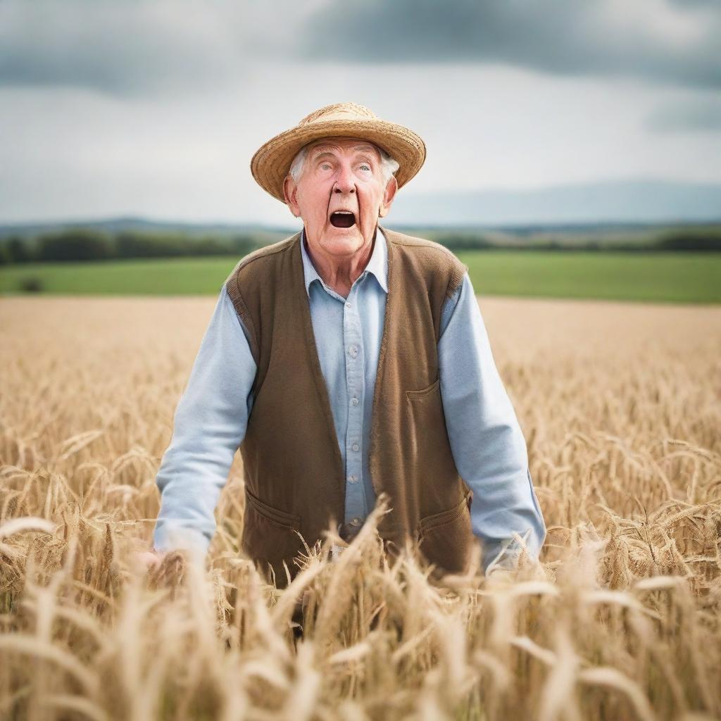 A shocked elderly farmer in the middle of a vast field