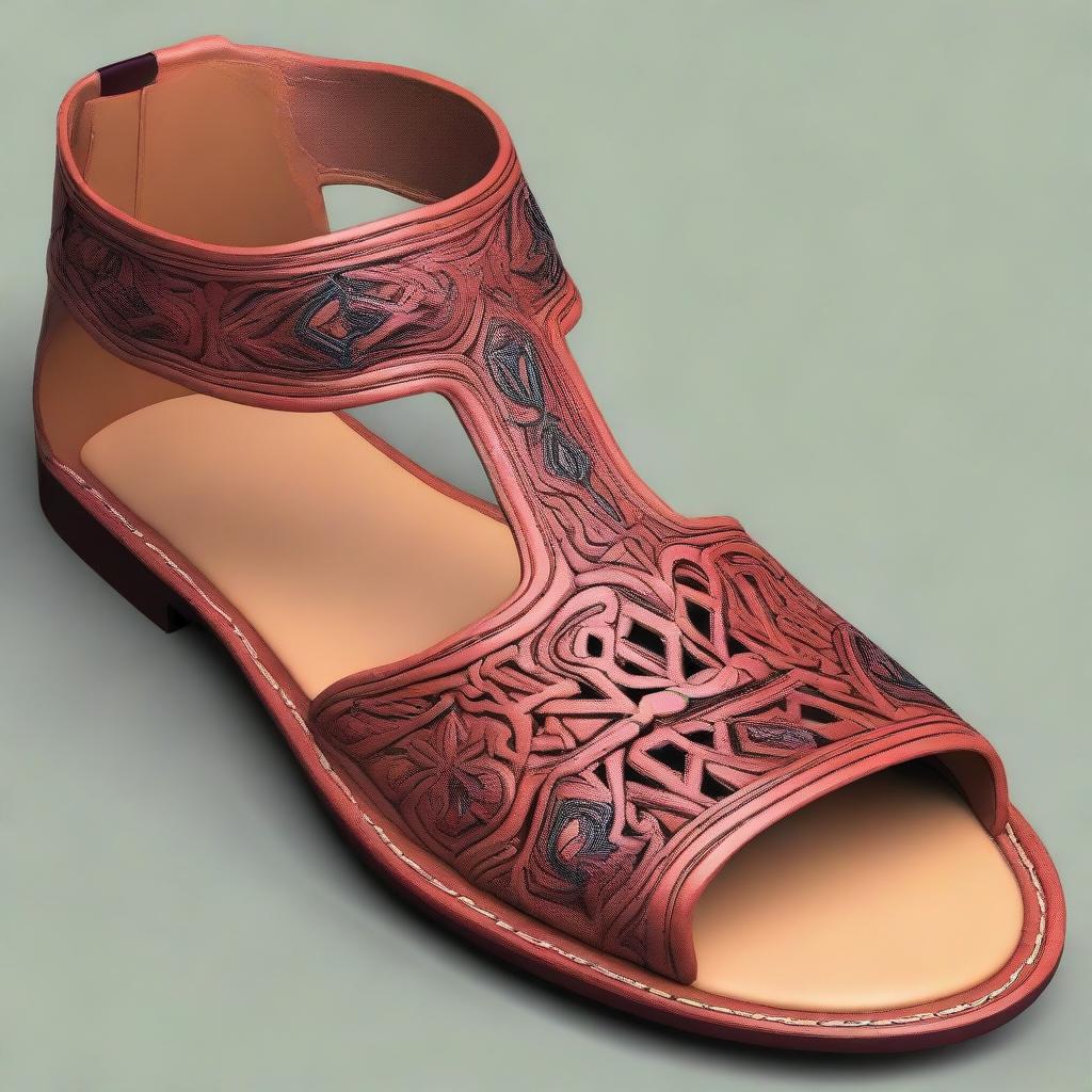 Design a detailed traditional Pakistani leather sandal with intricate details and patterns