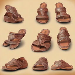 Design a detailed traditional Pakistani leather sandal with intricate details and patterns