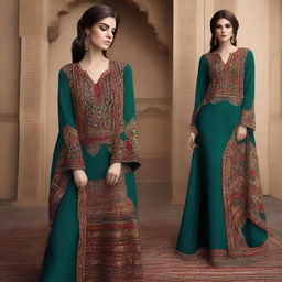 Elegant female social wear inspired by the intricate designs and rich colors of Persian rugs