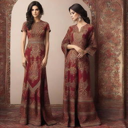 Elegant female social wear inspired by the intricate designs and rich colors of Persian rugs