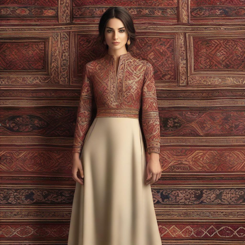 Elegant female social wear inspired by the intricate designs and rich colors of Persian rugs