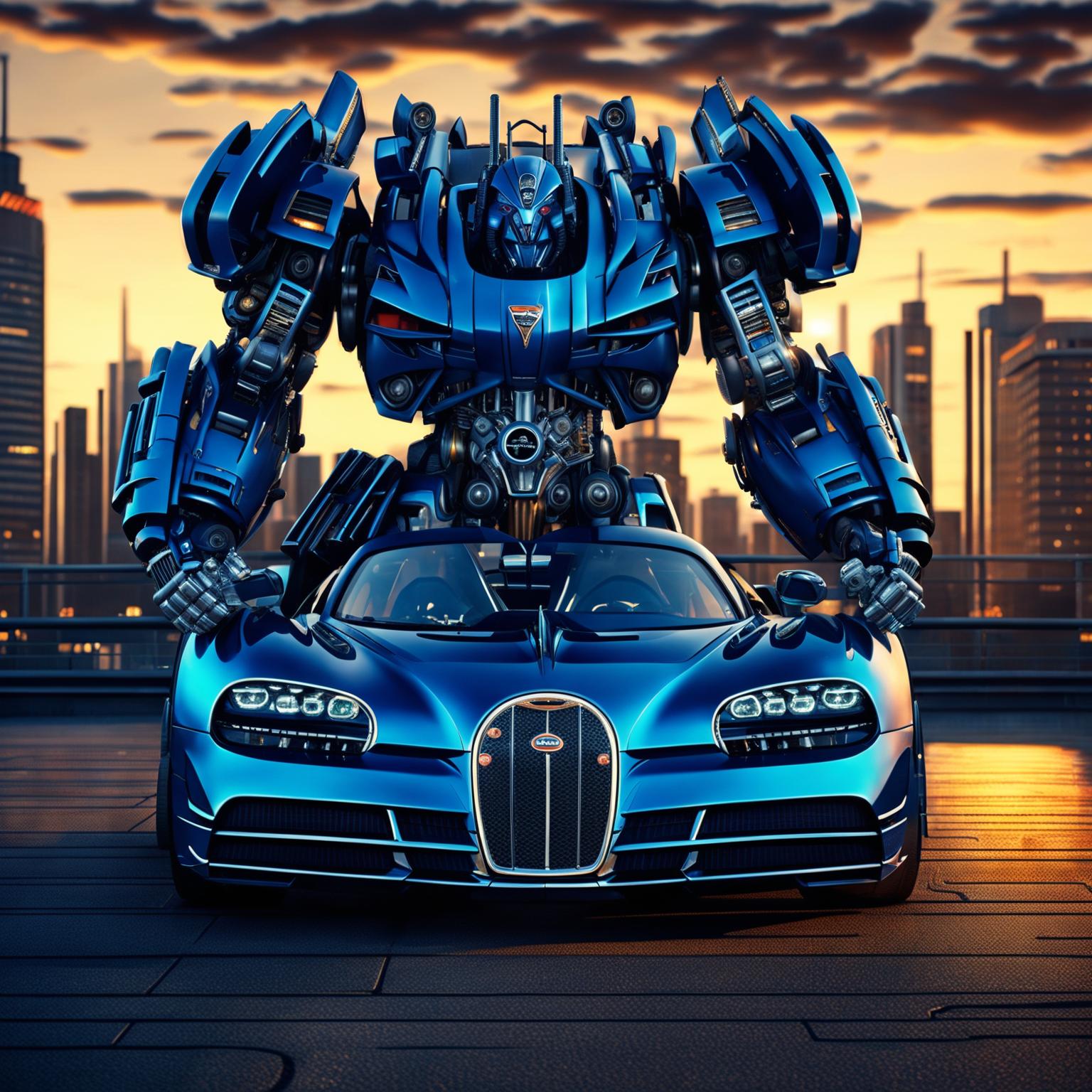 A 4K resolution digital art image depicting a Bugatti car transforming into a Transformer
