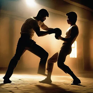 In the intense fight scene, the protagonist delivered a powerful jolt to his opponent, knocking him off his feet.