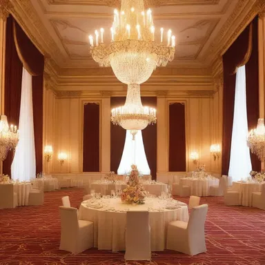 The grand ballroom of the palace was adorned with chandeliers and drapes, creating the perfect setting for a ball gown.