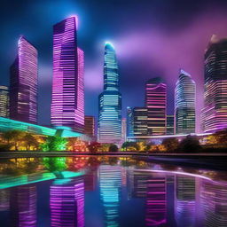 A high octane, futuristic cityscape at night, neon lights casting colourful reflections on glass skyscrapers that pierce the cloudy sky, overlooking a serene park.