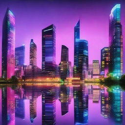 A high octane, futuristic cityscape at night, neon lights casting colourful reflections on glass skyscrapers that pierce the cloudy sky, overlooking a serene park.