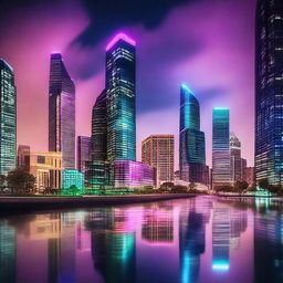 A high octane, futuristic cityscape at night, neon lights casting colourful reflections on glass skyscrapers that pierce the cloudy sky, overlooking a serene park.