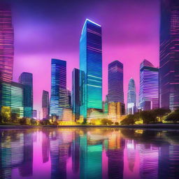 A high octane, futuristic cityscape at night, neon lights casting colourful reflections on glass skyscrapers that pierce the cloudy sky, overlooking a serene park.