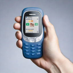 A pair of human hands holding a classic Nokia 3310 mobile phone with great care, capturing its iconic design and durable body.