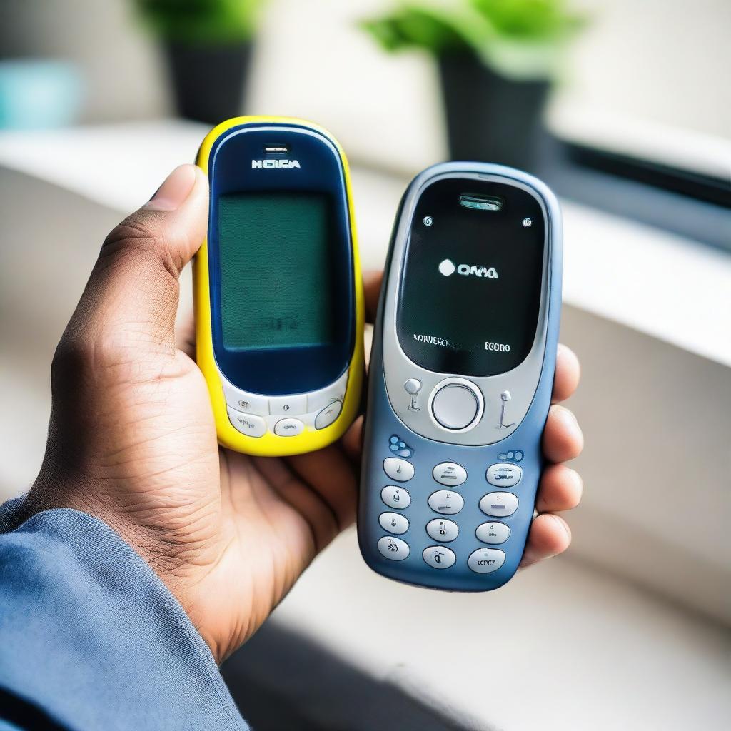 A pair of human hands holding a classic Nokia 3310 mobile phone with great care, capturing its iconic design and durable body.