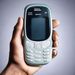 A pair of human hands holding a classic Nokia 3310 mobile phone with great care, capturing its iconic design and durable body.