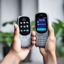 A pair of human hands holding a classic Nokia 3310 mobile phone with great care, capturing its iconic design and durable body.