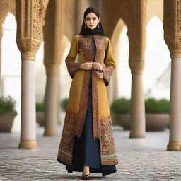 A stylish and culturally rich manteau design, capturing the essence of traditional and contemporary Iranian fashion for women.