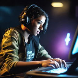 Mi Khalfa in intense action, engrossed in playing PUBG, illuminated by the glow of the screen on a dark background.