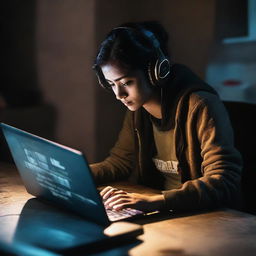 Mi Khalfa in intense action, engrossed in playing PUBG, illuminated by the glow of the screen on a dark background.