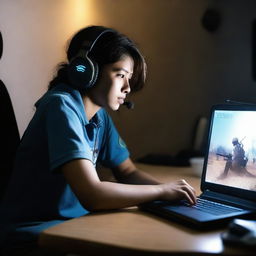 Mi Khalfa in intense action, engrossed in playing PUBG, illuminated by the glow of the screen on a dark background.