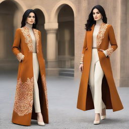 An elegant manteau design highlighting Iranian women's fashion, balancing traditional appeal with modern elements