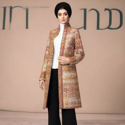 An elegant manteau design highlighting Iranian women's fashion, balancing traditional appeal with modern elements