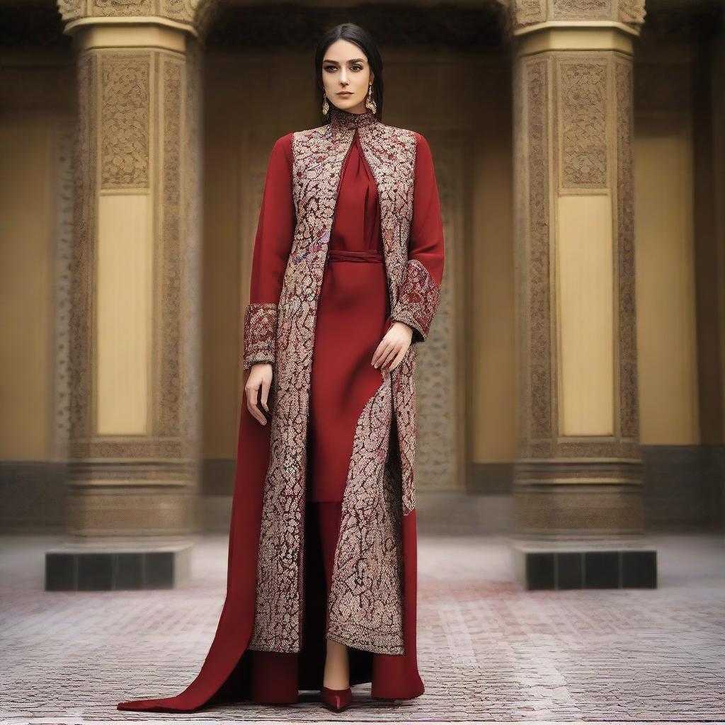 An elegant manteau design highlighting Iranian women's fashion, balancing traditional appeal with modern elements