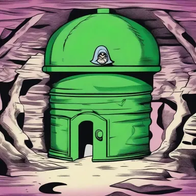In the comic strip, the villain's lair was depicted as an underground bunker filled with mephitic gas.