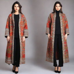 A stylish and elegant manteau design, portraying the fusion of traditional Iranian essence with modern fashion for women.