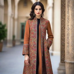 A stylish and elegant manteau design, portraying the fusion of traditional Iranian essence with modern fashion for women.