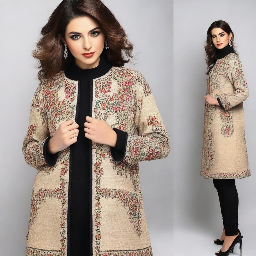 A stylish and elegant manteau design, portraying the fusion of traditional Iranian essence with modern fashion for women.