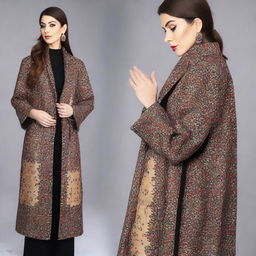 A stylish and elegant manteau design, portraying the fusion of traditional Iranian essence with modern fashion for women.