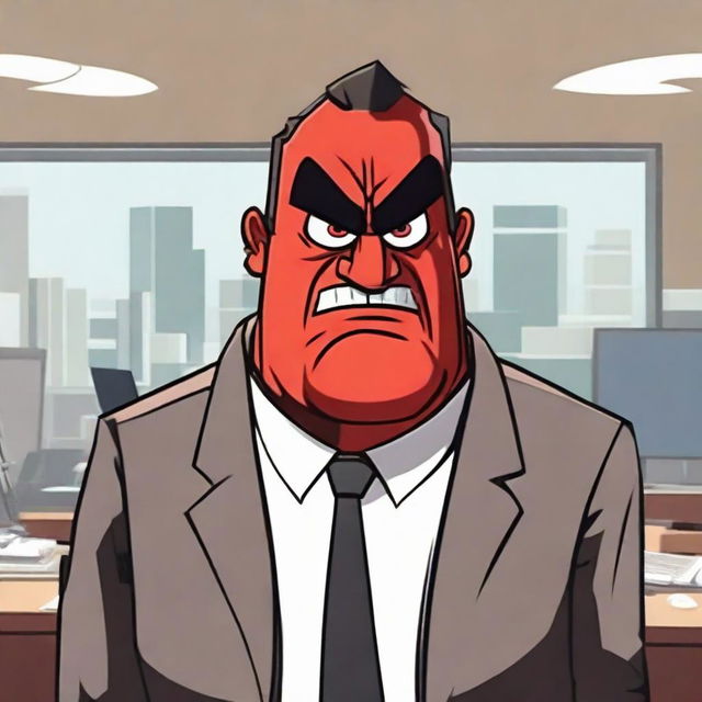 A boss character appearing angry, showcasing elements like a furrowed brow, red face and stern expression, in a corporate office setting.