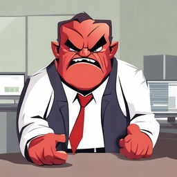 A boss character appearing angry, showcasing elements like a furrowed brow, red face and stern expression, in a corporate office setting.