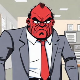 A boss character appearing angry, showcasing elements like a furrowed brow, red face and stern expression, in a corporate office setting.