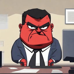 A boss character appearing angry, showcasing elements like a furrowed brow, red face and stern expression, in a corporate office setting.