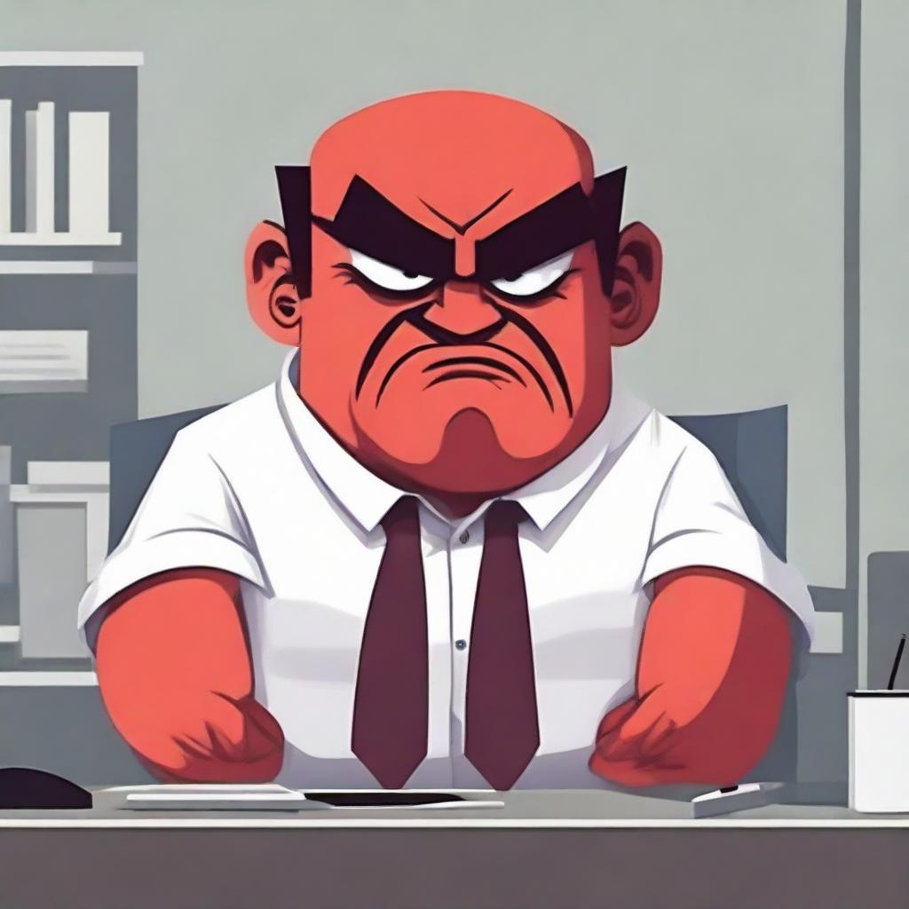 A boss character appearing angry, showcasing elements like a furrowed brow, red face and stern expression, in a corporate office setting.