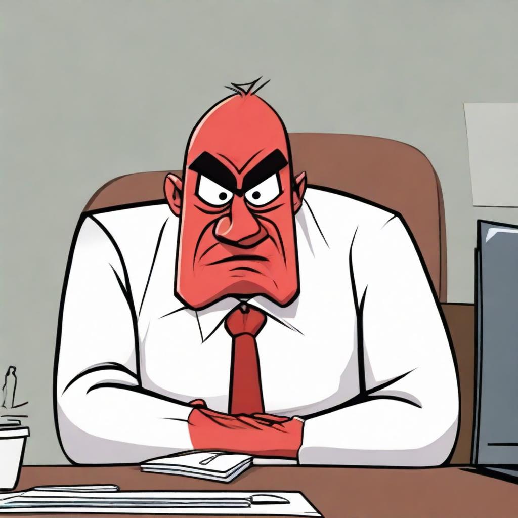 A boss character appearing angry, showcasing elements like a furrowed brow, red face and stern expression, in a corporate office setting.