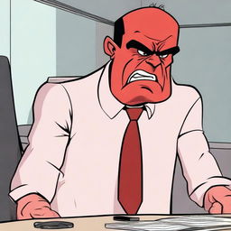 A boss character appearing angry, showcasing elements like a furrowed brow, red face and stern expression, in a corporate office setting.