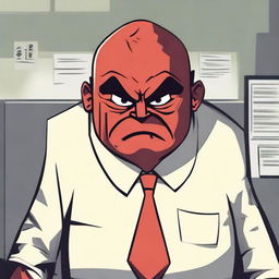 A boss character appearing angry, showcasing elements like a furrowed brow, red face and stern expression, in a corporate office setting.