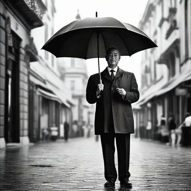 A man standing elegantly while holding an open umbrella.