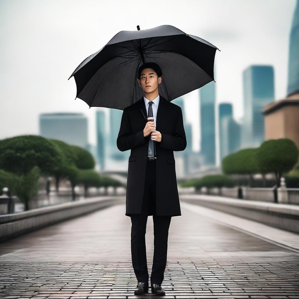 A man standing elegantly while holding an open umbrella.