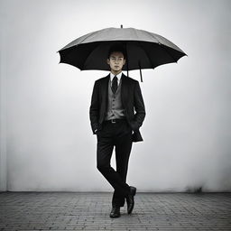 A man standing elegantly while holding an open umbrella.