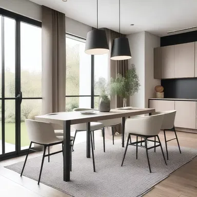The modern minimalist dining room design featured a sleek table with stylish chairs, creating the perfect environment for tablemates to enjoy their meals.