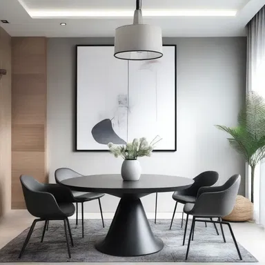 The modern minimalist dining room design featured a sleek table with stylish chairs, creating the perfect environment for tablemates to enjoy their meals.