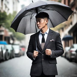 A man standing elegantly while holding an open umbrella.