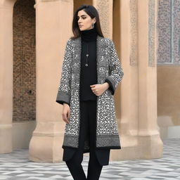 A creatively simple manteau design for Iranian women, taking inspiration from the distinctive motifs and geometric patterns of Amir Chakhmaq Square in Yazd