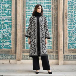 A creatively simple manteau design for Iranian women, taking inspiration from the distinctive motifs and geometric patterns of Amir Chakhmaq Square in Yazd