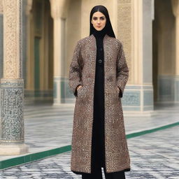 A creatively simple manteau design for Iranian women, taking inspiration from the distinctive motifs and geometric patterns of Amir Chakhmaq Square in Yazd